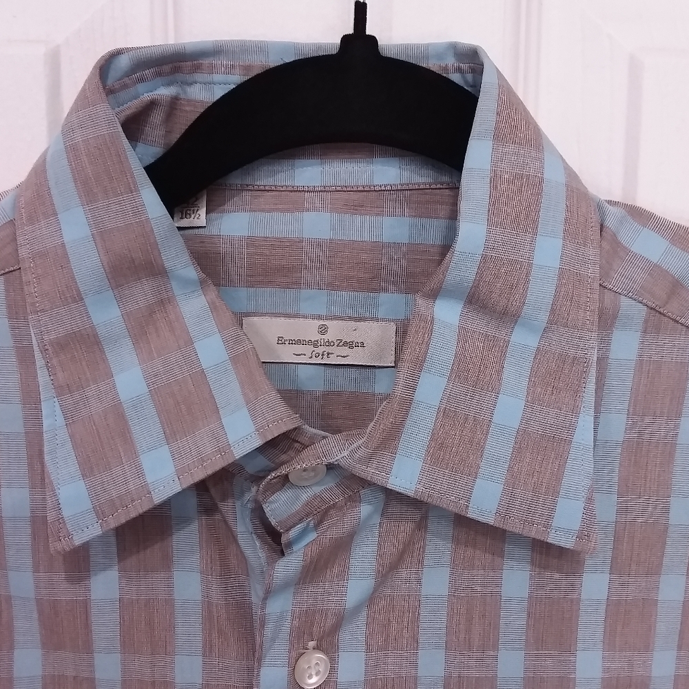 Ermenegildo Zegna Soft Mens button down shirt Size 16 1/2  or 42Brown and blue